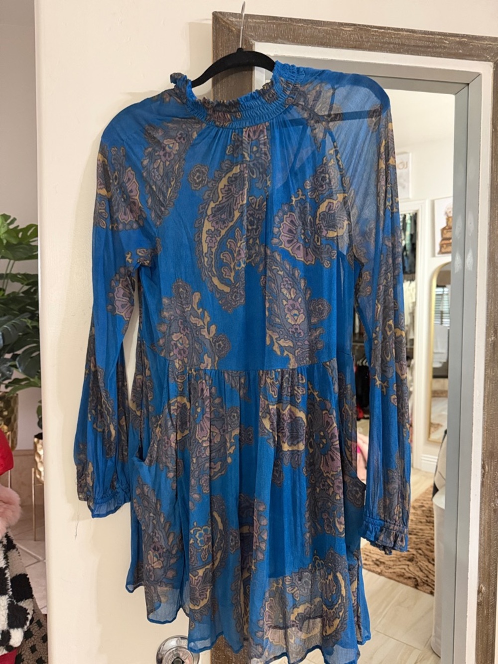 Blue Paisley Long-Sleeve Tiered Mini Dress